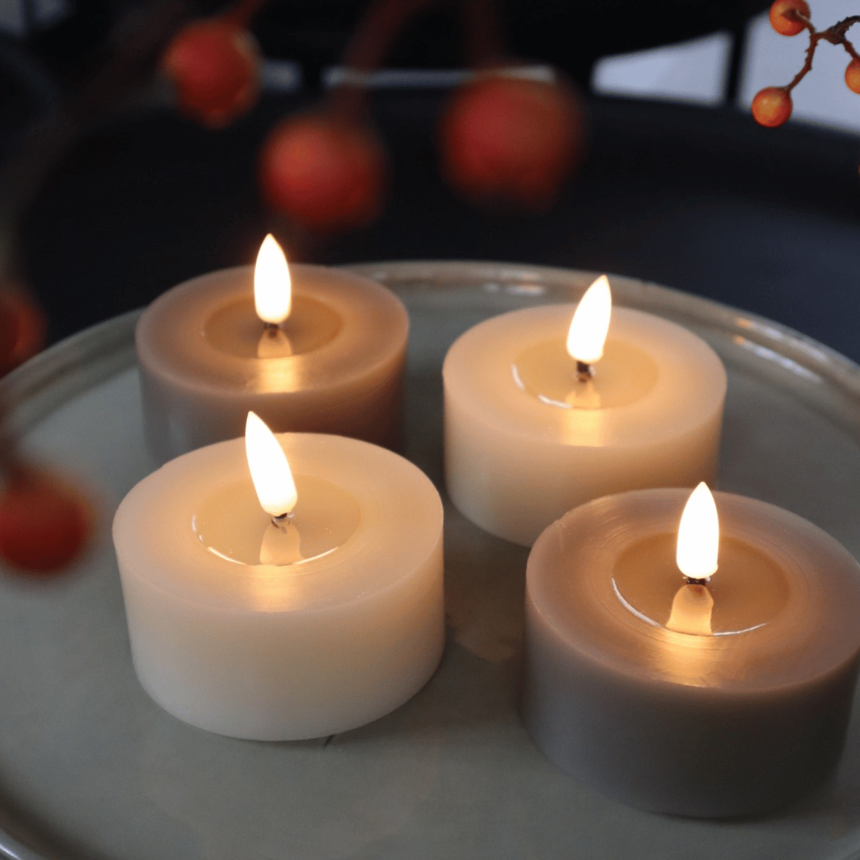 Set of 4 tea lights with melting bath effect, Beige and Mole, 7x5.5 cm