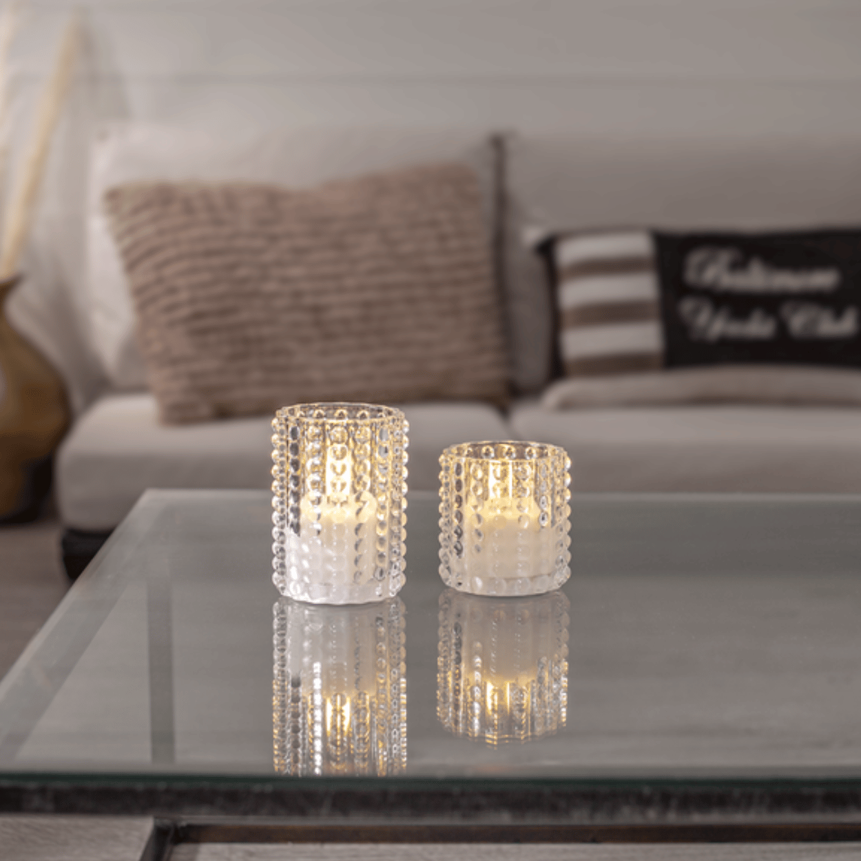 LED-kaars in glas, Wit, Stippenpatroon, 9x10 cm