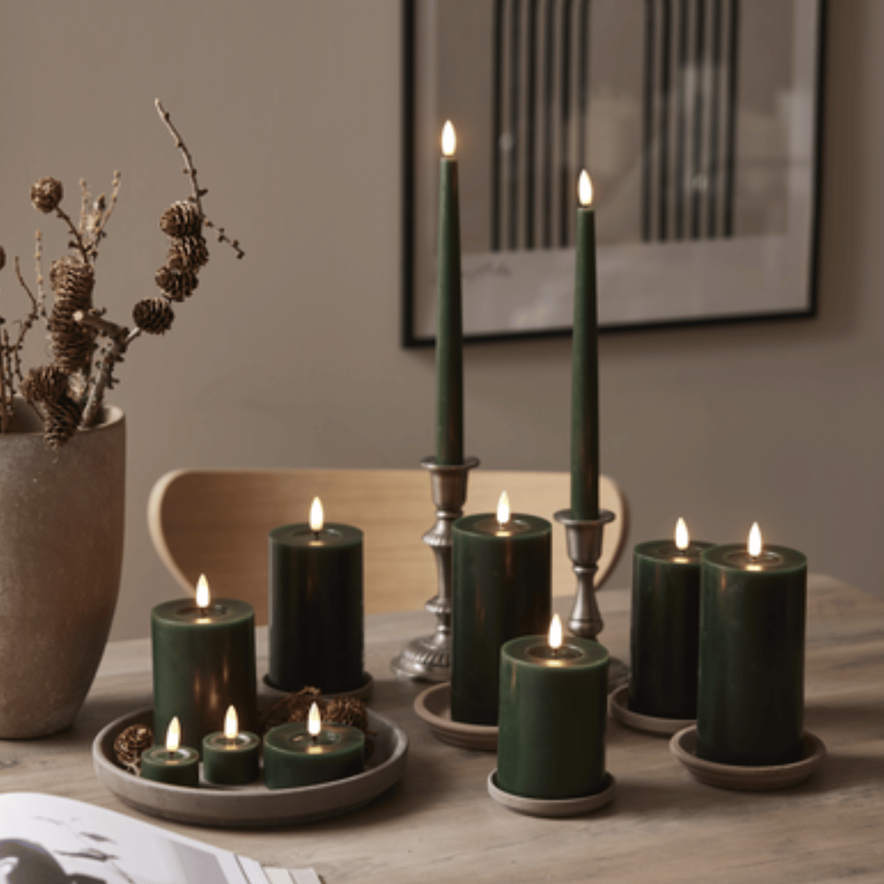 Set of 4 tea lights with melting bath effect, White and Green, 7x5.5 cm