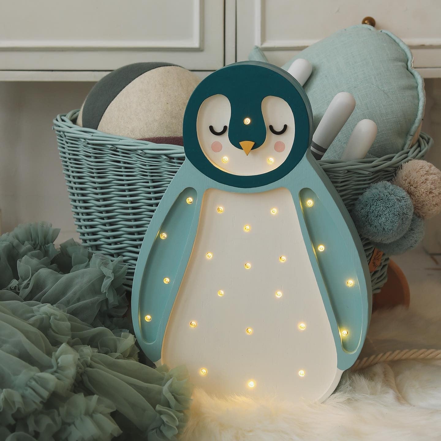 Little Lights Baby Penguin Mini Lamp – Petrol/Wood
