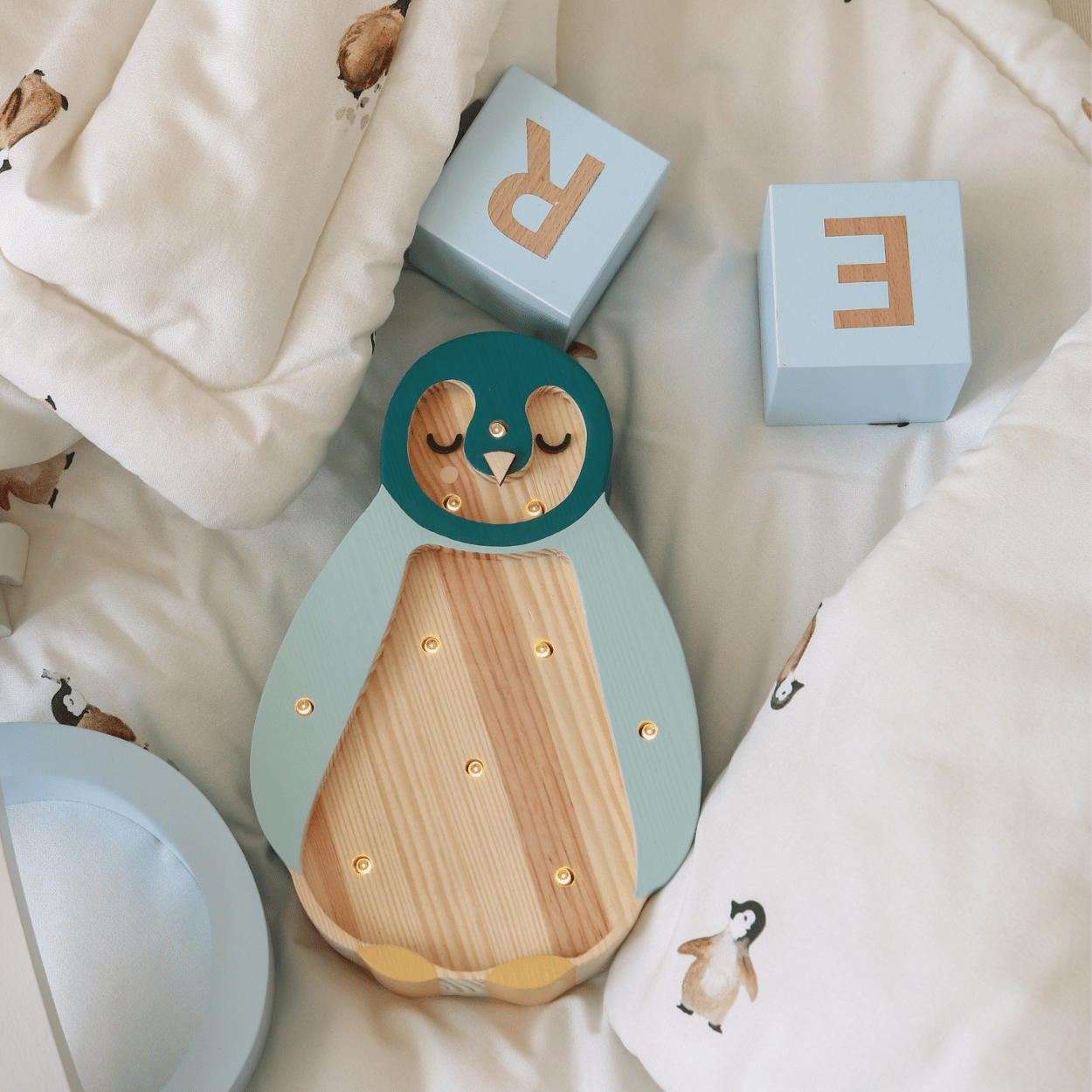 Little Lights Baby Penguin Mini Lamp – Petrol/Hout