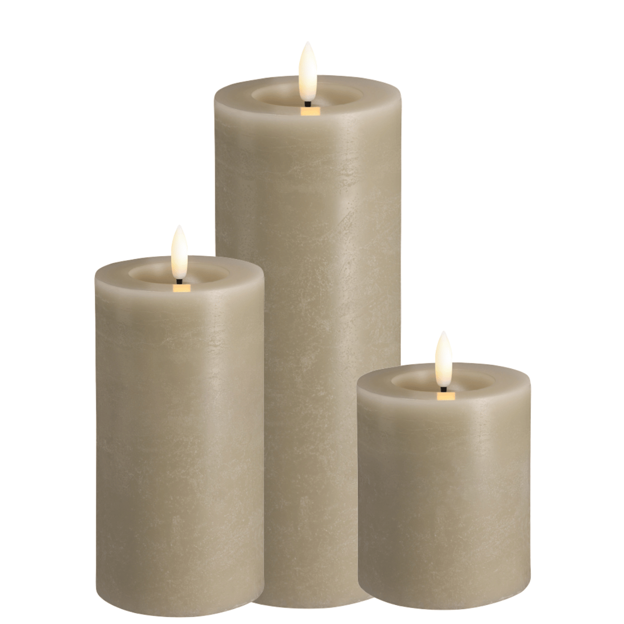 Moods & More 3er-Set LED-Stumpenkerzen – Rock Melting Pool-Effekt – Kit Grau