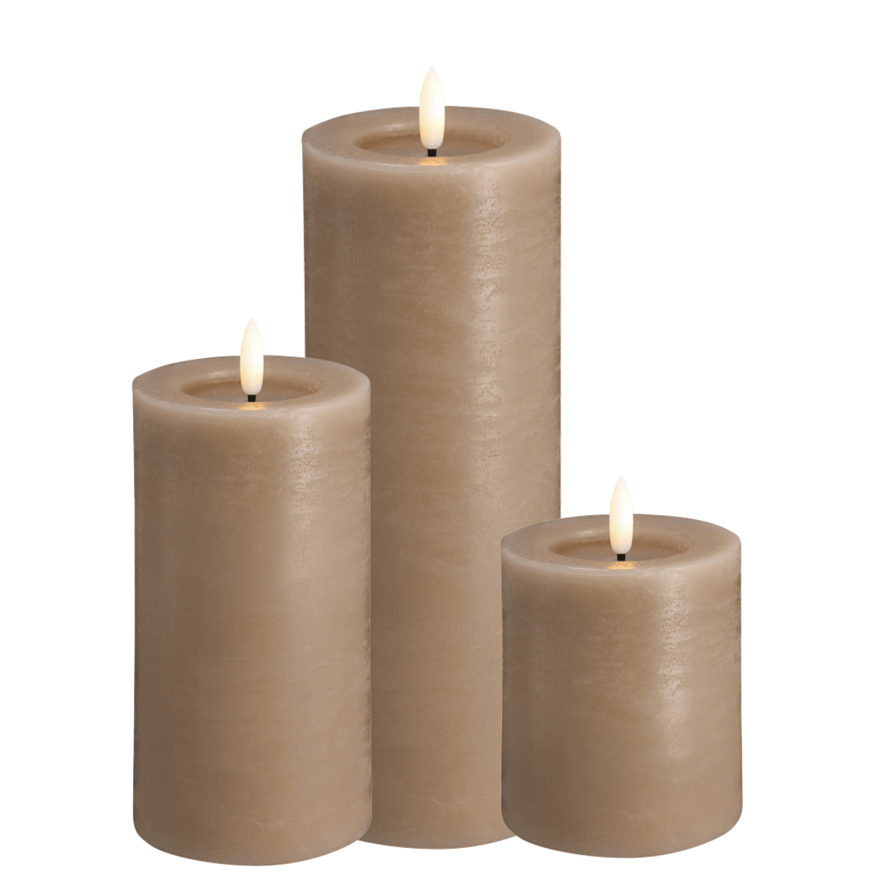 Moods & More 3er-Set LED-Stumpenkerzen – Rock Melting Pool-Effekt – Sand