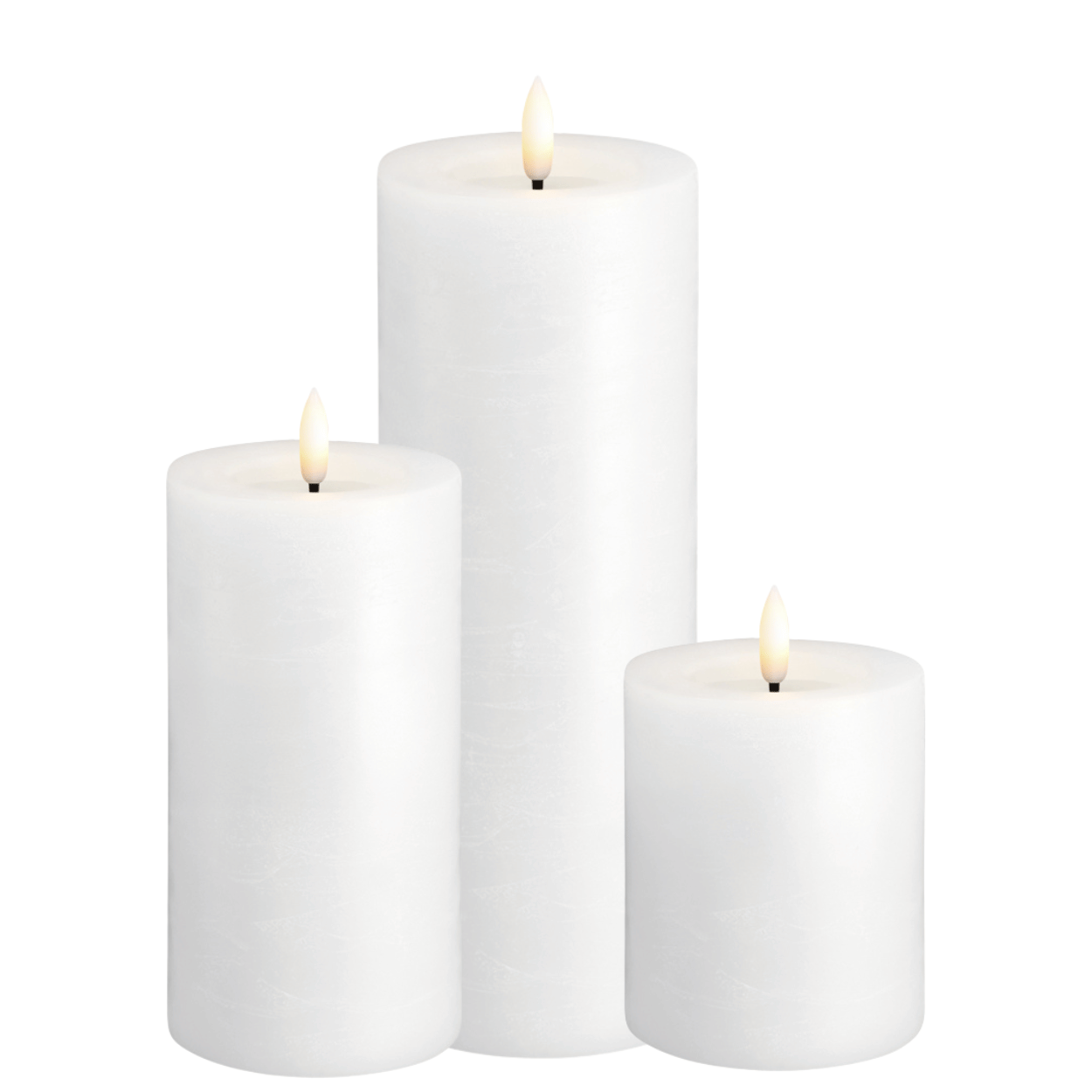 Moods & More 3er-Set LED-Stumpenkerzen – Rock Melting Pool-Effekt – Weiß