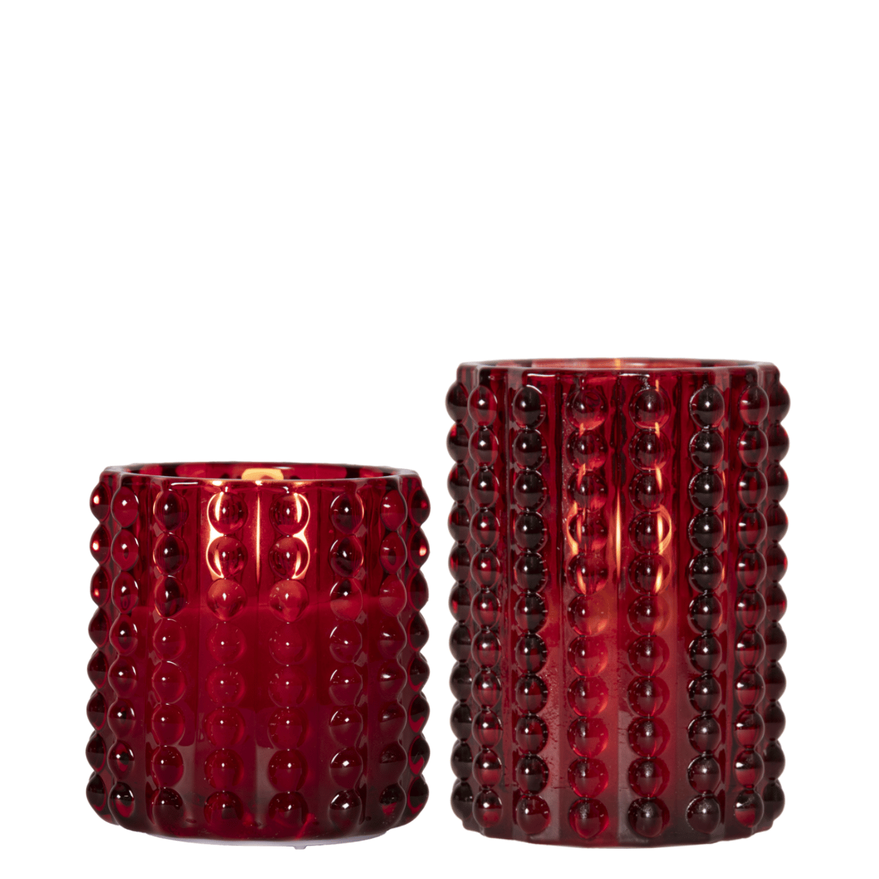 Set van 2 LED-kaarsen in glas – Rood – Stippenpatroon – 9x9,5 cm & 9x12,5 cm