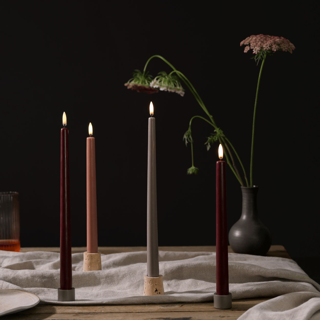 Uyuni LED slanke dinerkaars, Wijn rood, Glad, 2 stuks, 2,3x32 cm