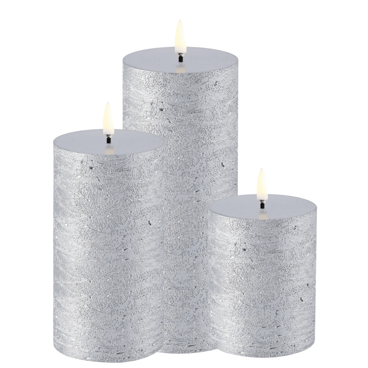 Uyuni Set mit 3 LED-Stumpenkerzen Rustikal – Metallic-Silber