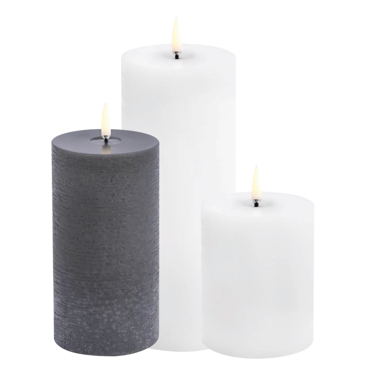 Uyuni Set of 3 LED Pillar Candles, Melting Pool Effect, Nordic White & Grey
