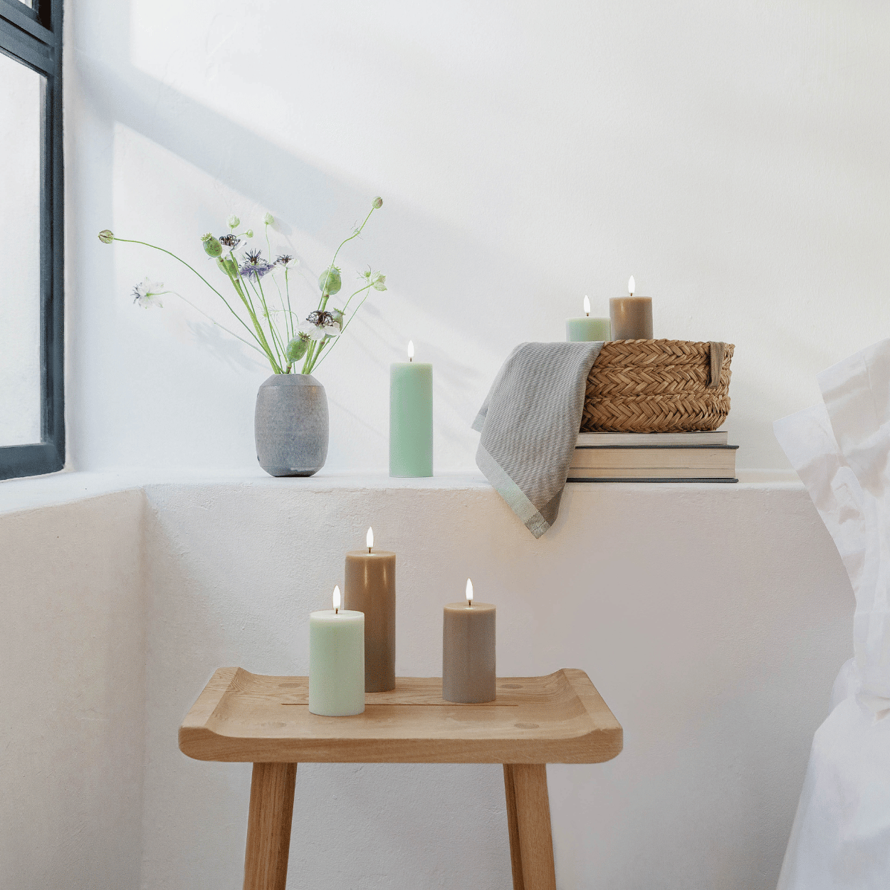 Uyuni LED Pillar Candle, Dusty Green, Rustic, 7.8x15 cm