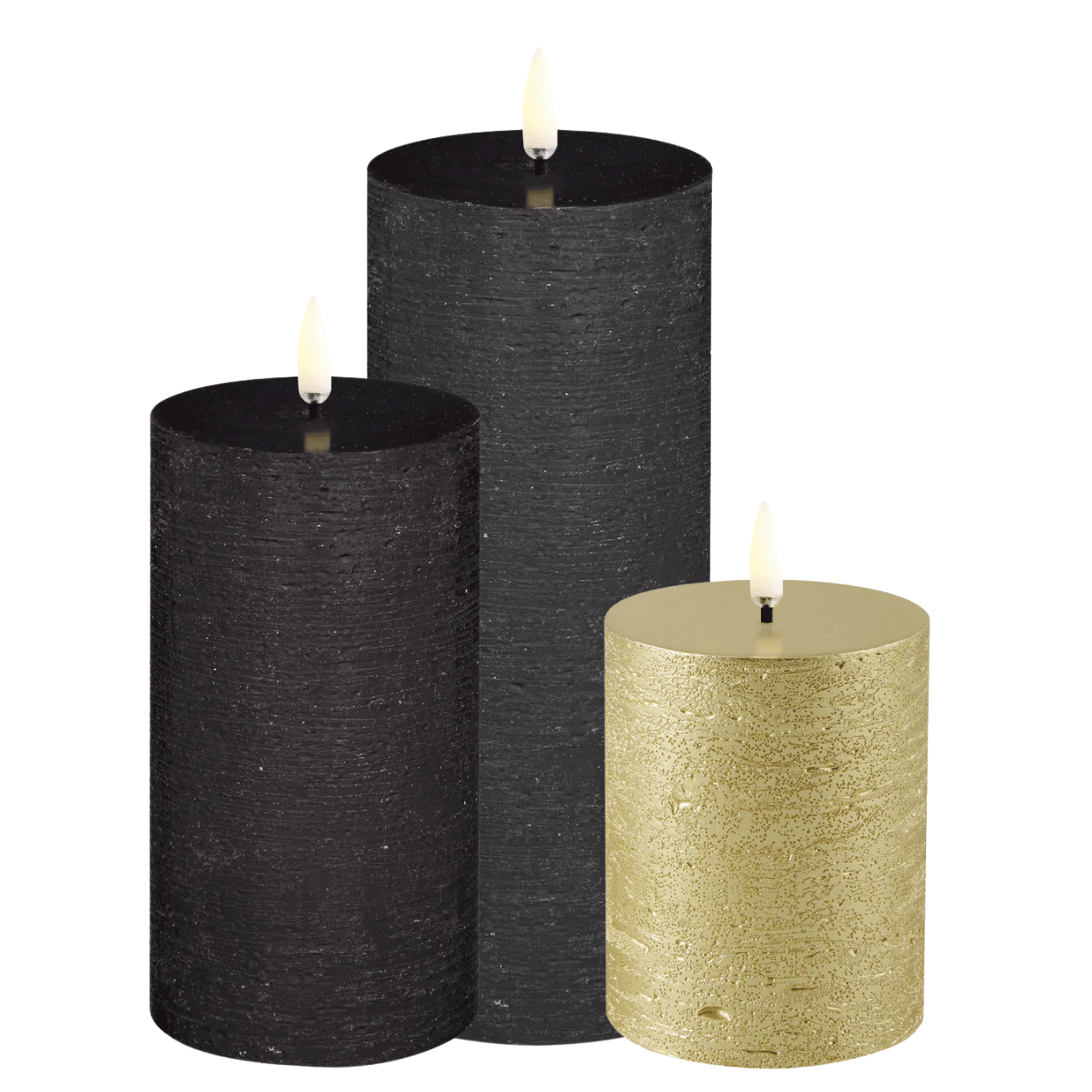 Uyuni Set mit 3 LED-Stumpenkerzen Rustikal – Waldschwarz und Gold