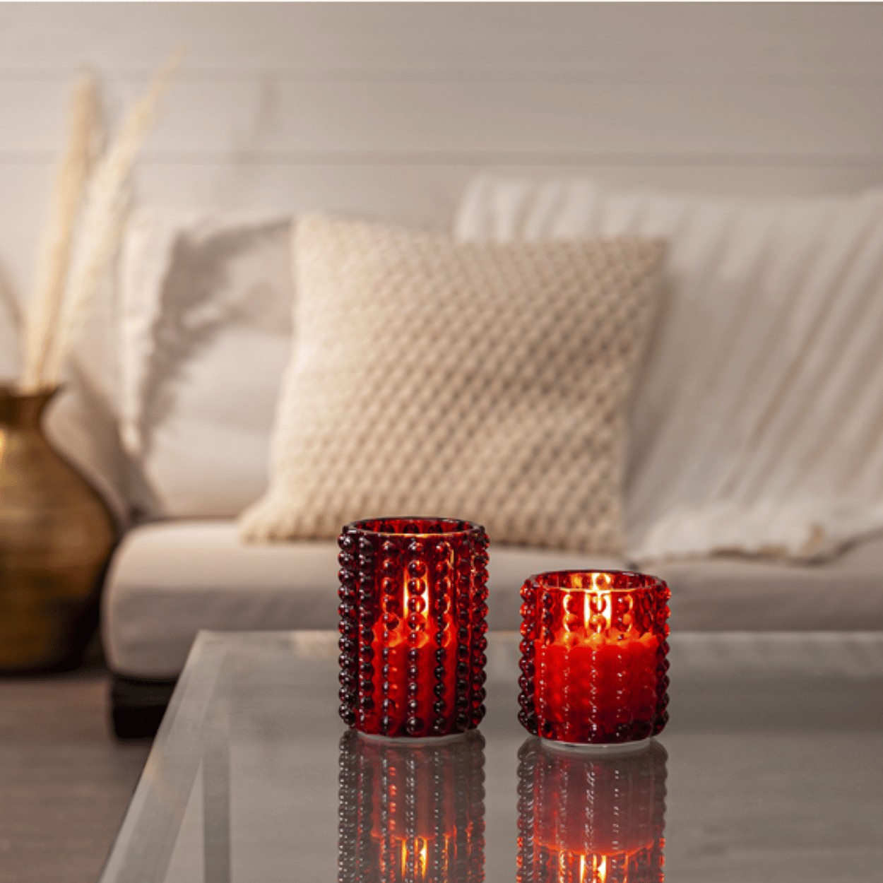 LED-kaars in glas, Rood, Stippenpatroon, 9x12,5 cm