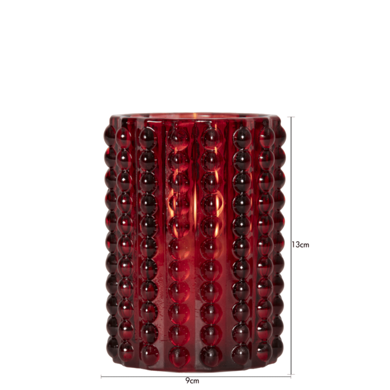 LED-kaars in glas, Rood, Stippenpatroon, 9x12,5 cm
