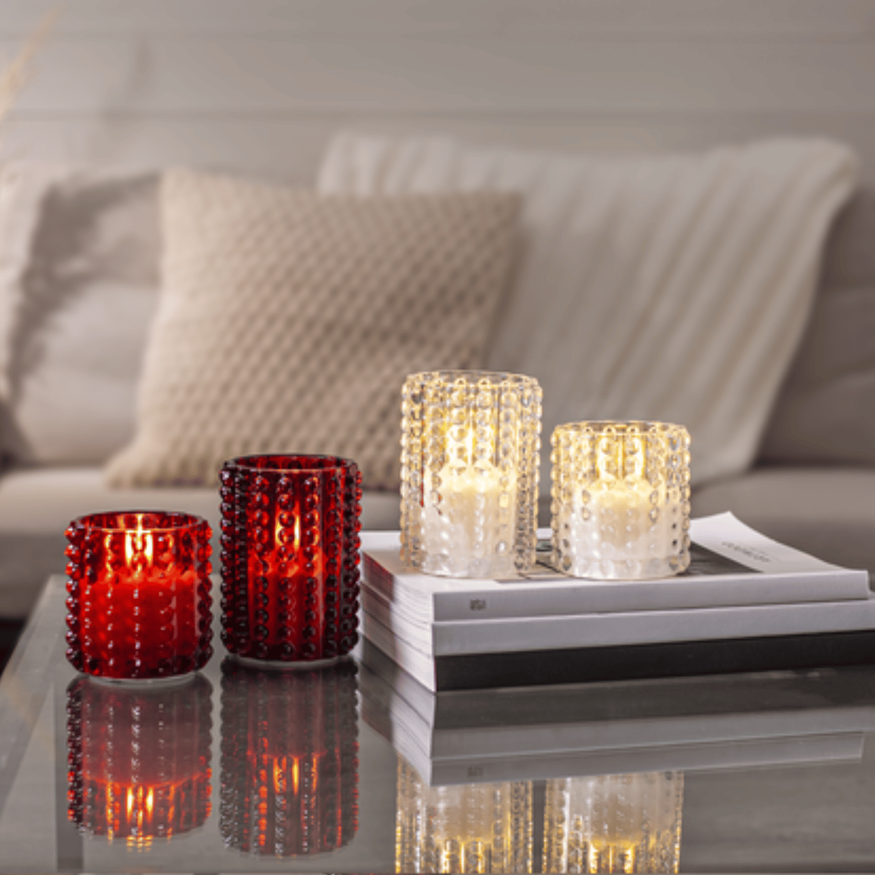 Set van 2 LED-kaarsen in glas – Wit – Stippenpatroon – 9x10 cm & 9x12,5 cm