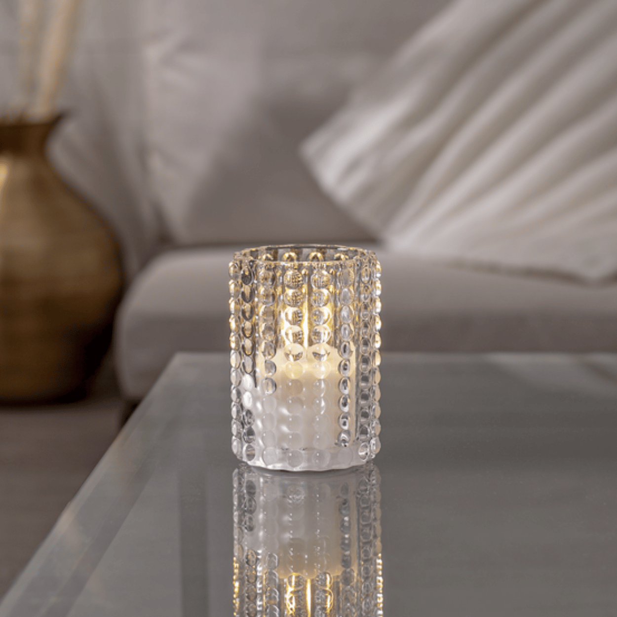 LED-kaars in glas, Wit, Stippenpatroon, 9x12,5 cm