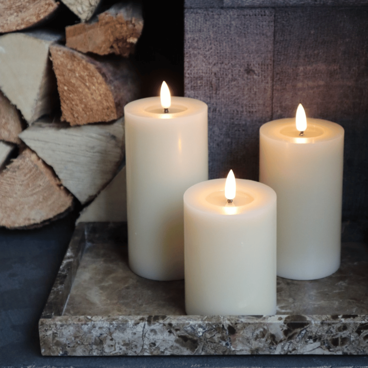 LED pillar candle with melting pool effect, Beige, 7.5x17.5 cm