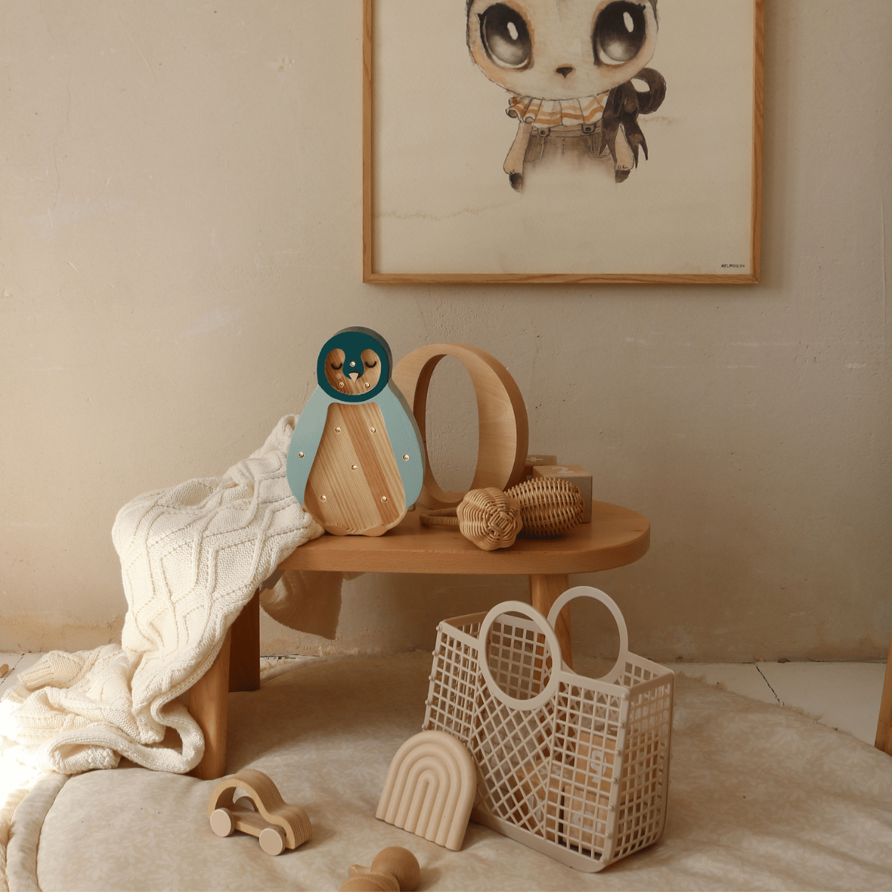 Little Lights Baby Penguin Mini Lamp – Petrol/Hout