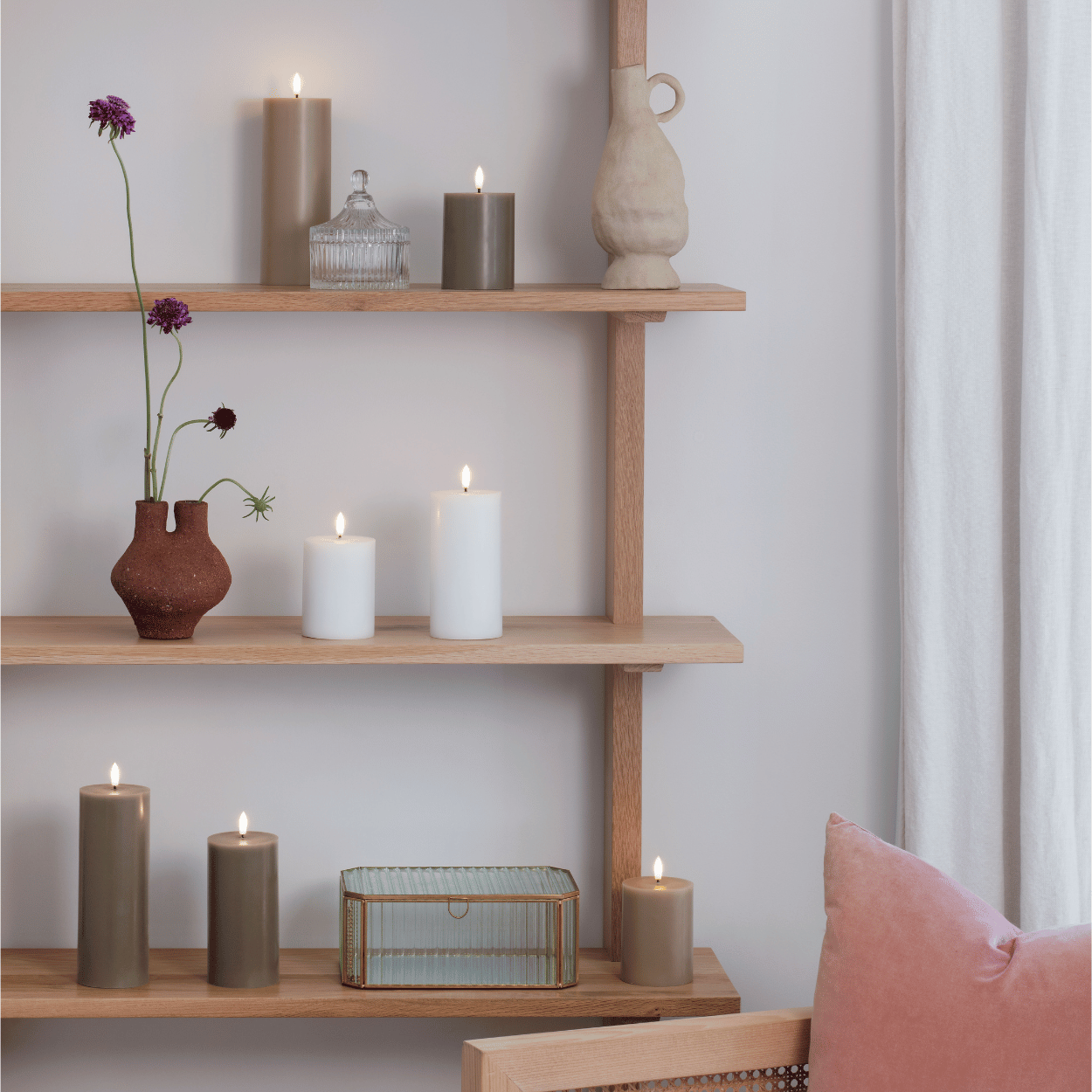 Moods &amp; More 3er-Set LED-Stumpenkerzen – Seidensand