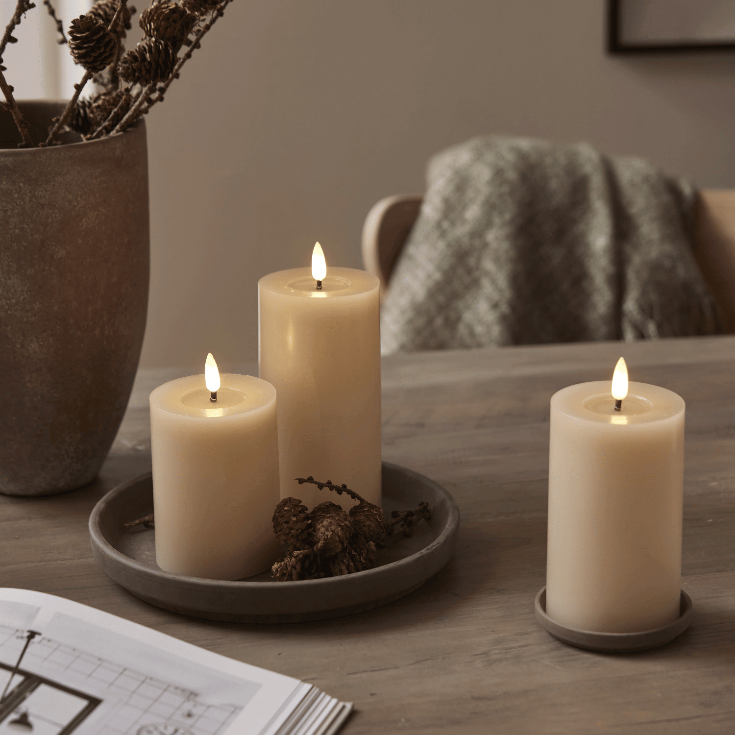 Set van 3 stompkaarsen met smeltbad-effect, Beige | TED Lights