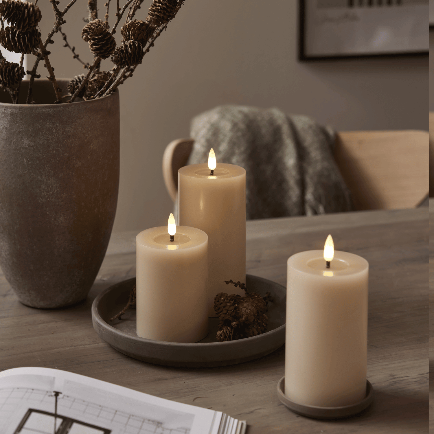 Set van 3 stompkaarsen met smeltbad-effect, Beige | TED Lights