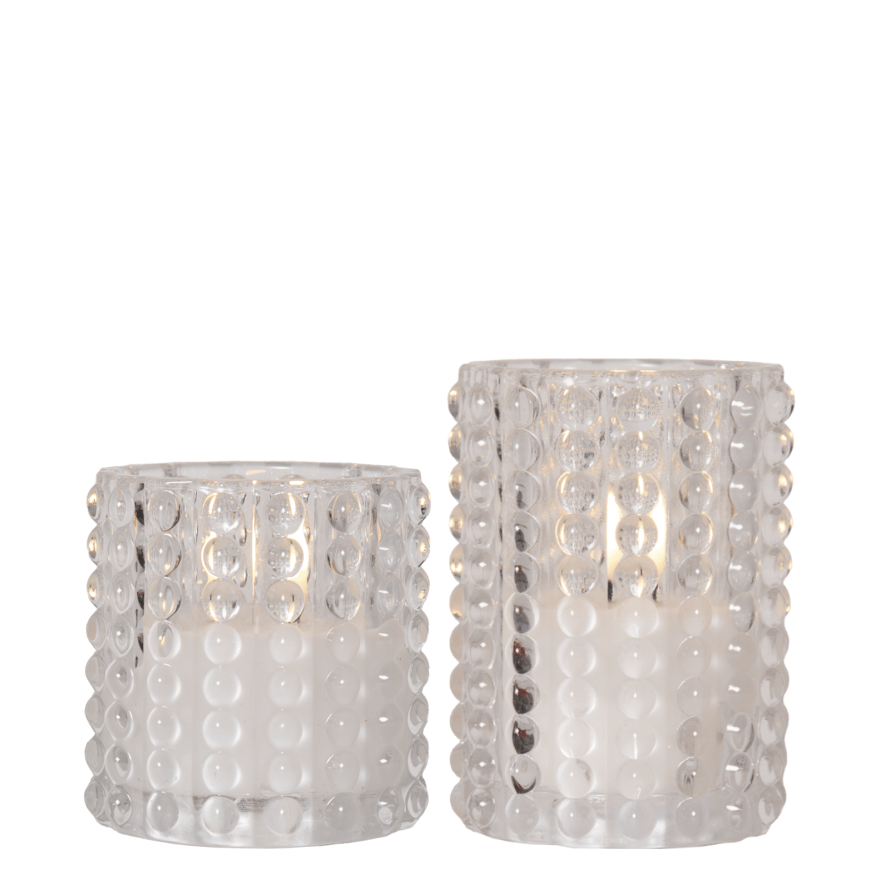Set van 2 LED-kaarsen in glas – Wit – Stippenpatroon – 9x10 cm & 9x12,5 cm