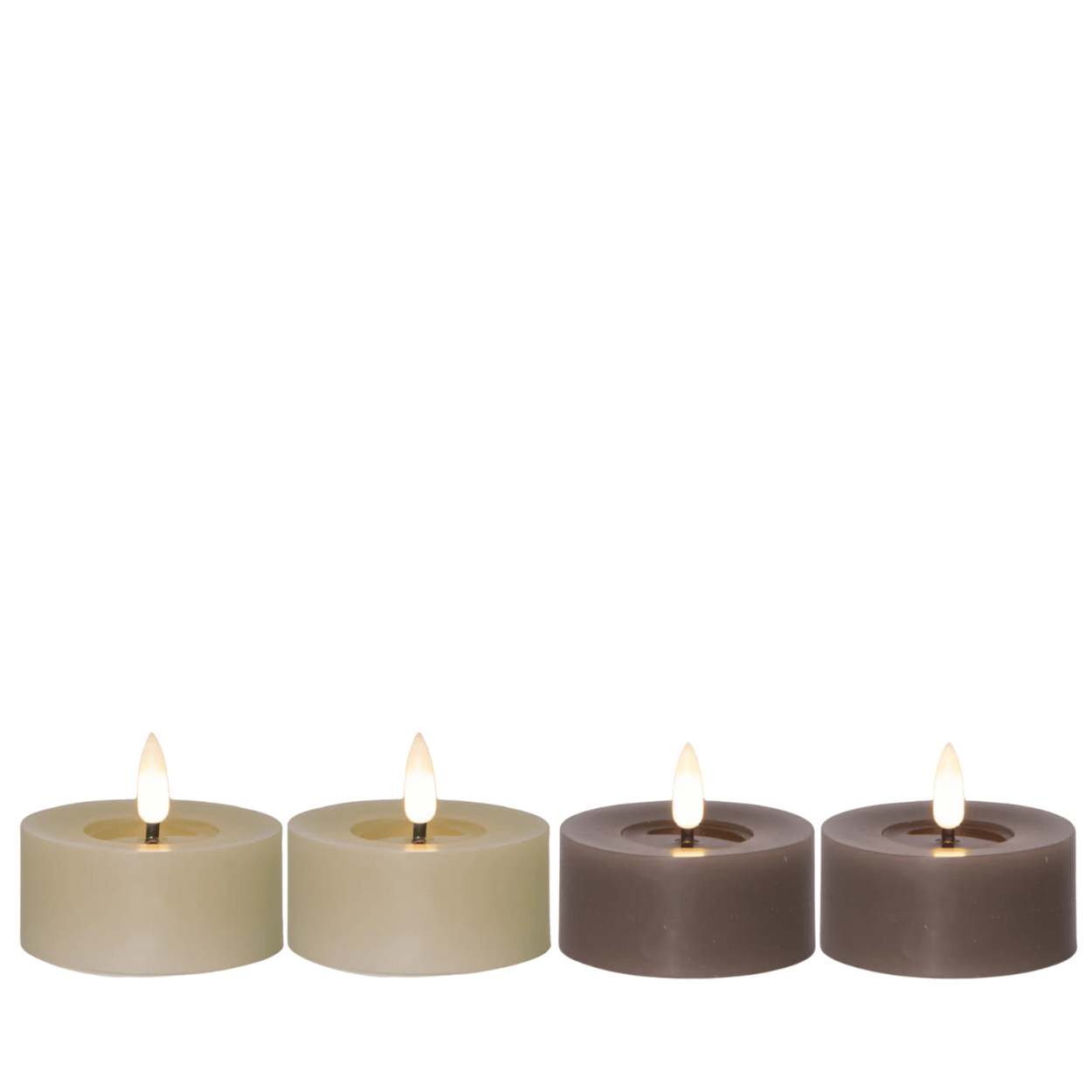 Set of 4 tea lights with melting bath effect, Beige and Mole, 7x5.5 cm