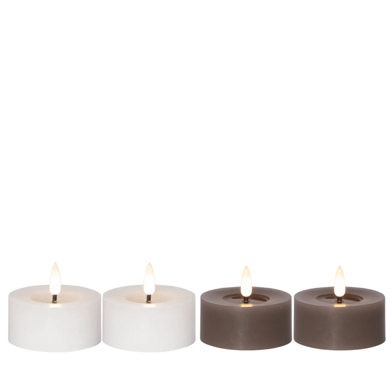 Set of 4 tea lights with melting bath effect, White and Mole, 7x5.5 cm