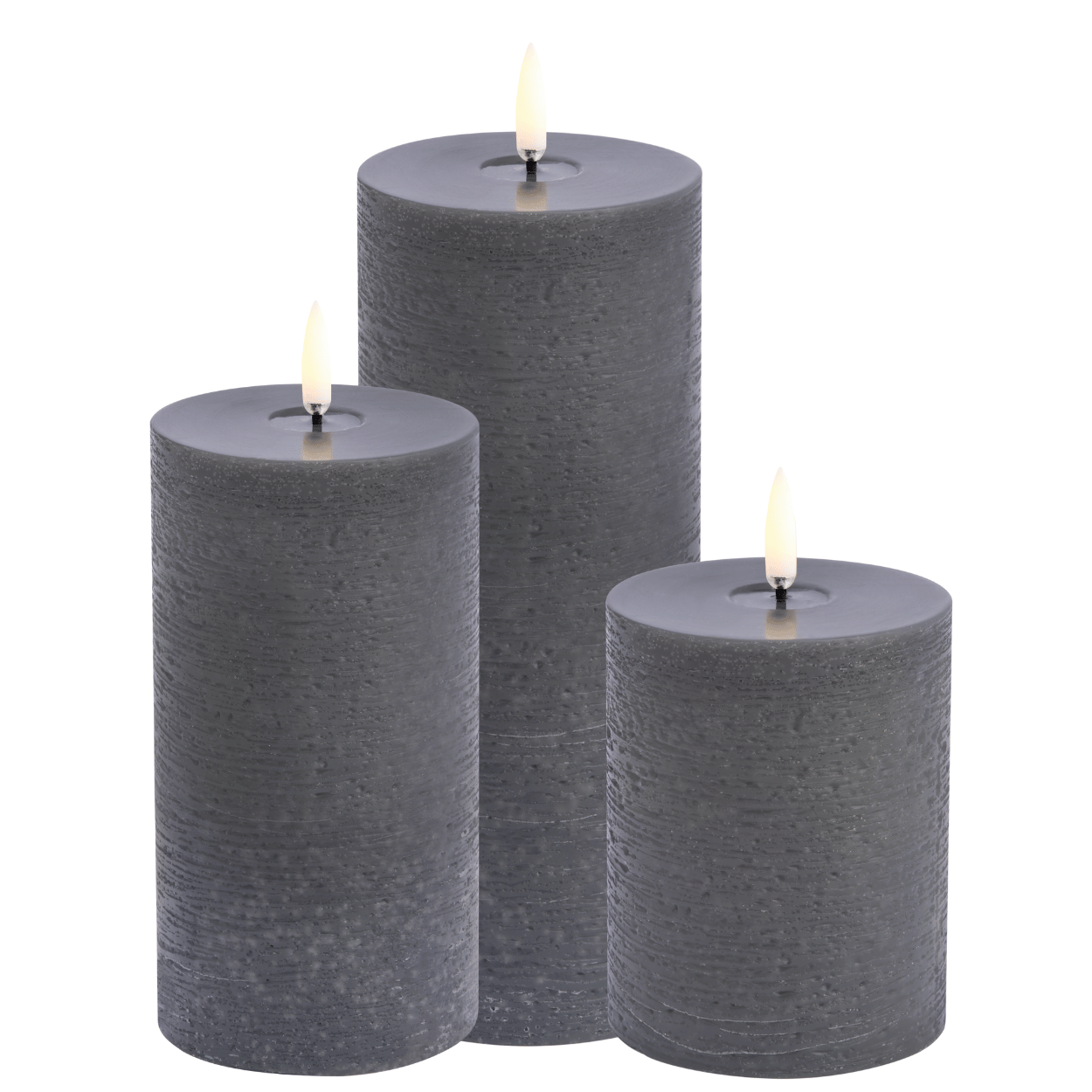 Uyuni Set of 3 LED Pillar Candles, Melting Pool Effect, Grey