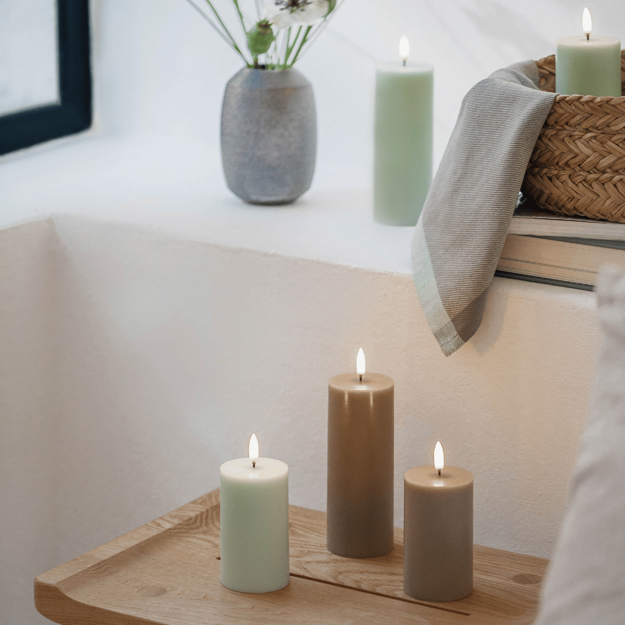 Uyuni LED Pillar Candle, Dusty Green, Rustic, 7.8x15 cm